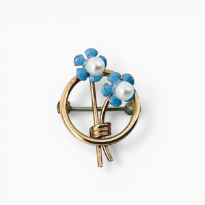 Vintage Signed Krementz Blue Enamel Flower Brooch, Petite 14K Gold Filled Floral